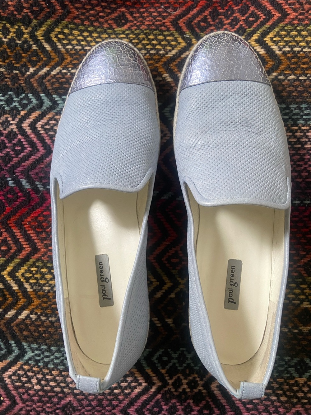 Paul Green Baby Blue Leather Slip-On Flats with Metallic Silver Toe Cap - Picture 13 of 13